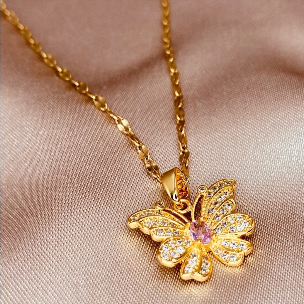 Elegant Gold Butterfly CZ  Pendant Dainty Necklace